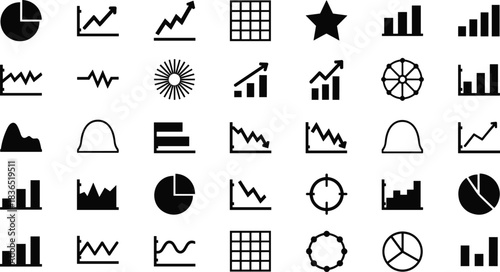 Data visualization icon set, pie chart, bar graph, line chart, scatter plot, bell curve, radial chart, vector illustration for analytics, statistics, reports
