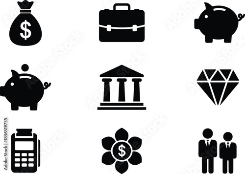 Finance and business icon collection, money bag, piggy bank, bank building, diamond, payment terminal, briefcase, prosperity flower, vector illustration for savings, investment