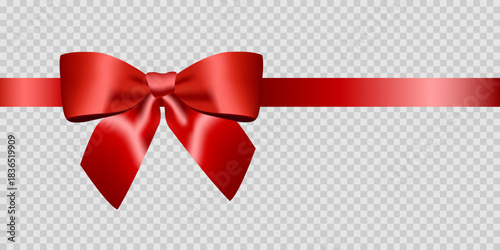 Beautiful red bow with horizontal ribbon isolated on transparent background made in realistic style. Vector illustration.