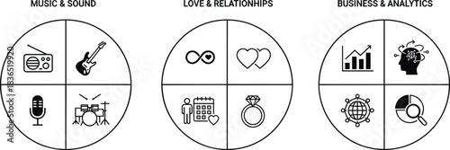 Infographic icon set for music, love, business, analytics, guitar, heart, chart, vector illustration for lifestyle, relationships, data visualization