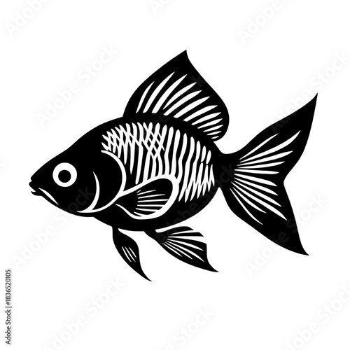 A striking black and white illustration depicts a goldfish with intricate fin details and a distinct eye. The graphic style emphasizes the fish's form through bold lines and negative space.