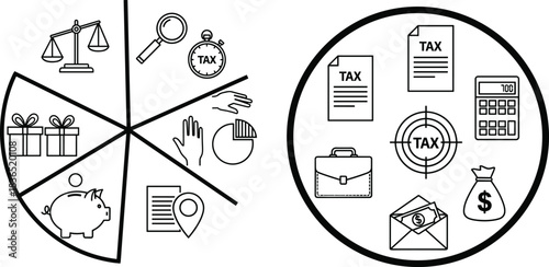 Tax and finance infographic icon set, money bag, calculator, pie chart, document, gear, vector illustration for taxation, planning, business, economy