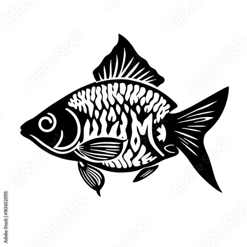 This is a black and white illustration of a fish. The fish has detailed, stylized patterns inside its body, creating a unique and artistic representation.