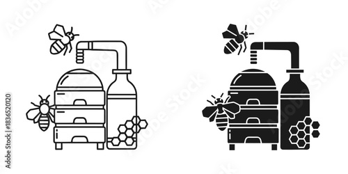 Beekeeping illustration featuring a honey extractor, hive, jar, and bees, perfect for natural food brands and sustainable agriculture marketing content