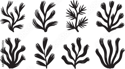 Coral reef or seaweeds vector underwater plant icons. Naive style leaves, algae or fronds. Hand drawn vector ink illustration. Modern style organic corals, aesthetic underwater plants and branches