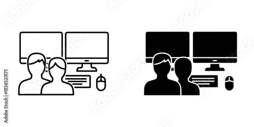 Teamwork makes the dream work in this modern office with dual monitors, perfect for collaborative projects and showcasing a connected workspace vibe