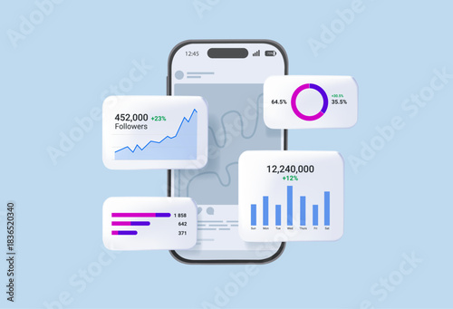 Track social media metrics and smm marketing statistics, 3D render vector illustration. Social media engagement metrics. like, shares, comments, follower growth. Metrics for social media ROI, metrics