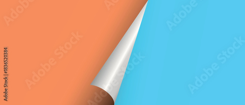 Page curl. Curled color paper. Blank sheet of ripped aged paper bright color corner. Copy space design for text, advertising, poster, wallpaper, backdrop. Printable lined and squared grid paper.