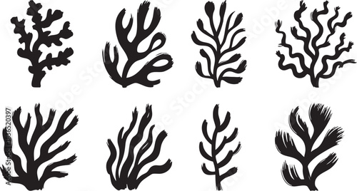 Coral reef or seaweeds vector underwater plant icons. Naive style leaves, algae or fronds. Hand drawn vector ink illustration. Modern style organic corals, aesthetic underwater plants and branches