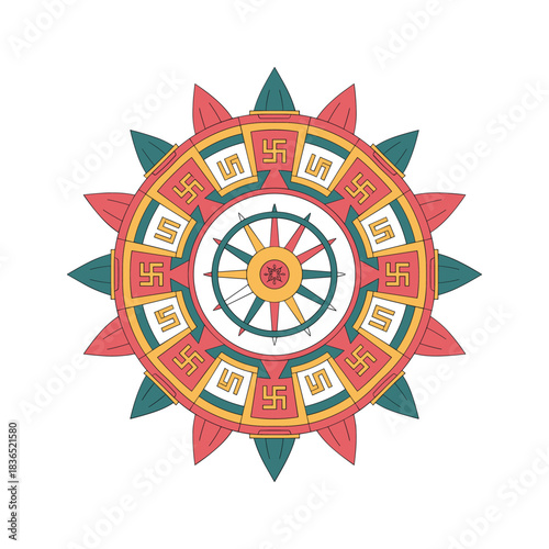 Vibrant buddhist dharma wheel mandala with intricate patterns and spiritual symbolism in bright colors