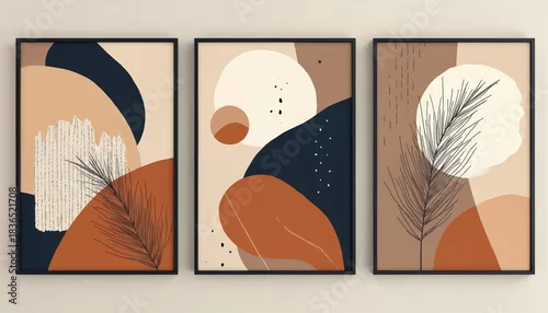 Panel kuchenny z motywem Triptych abstract wall art set. Mid century modern style with organic shapes and earthy tones. Minimalist botanical line drawings and textured elements decorate each framed piece.