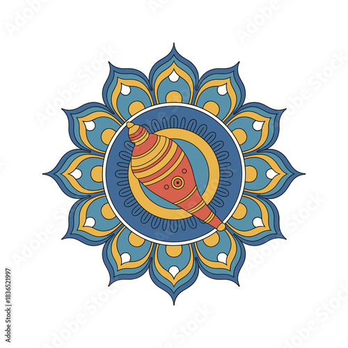 Sacred shankha conch shell emblem within intricate mandala design symbolizing spirituality