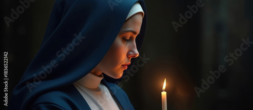 A young nun in prayer holding a single lit candle in the dark. Profile portrait showing devotion and contemplation. Concept of faith, hope, and spirituality