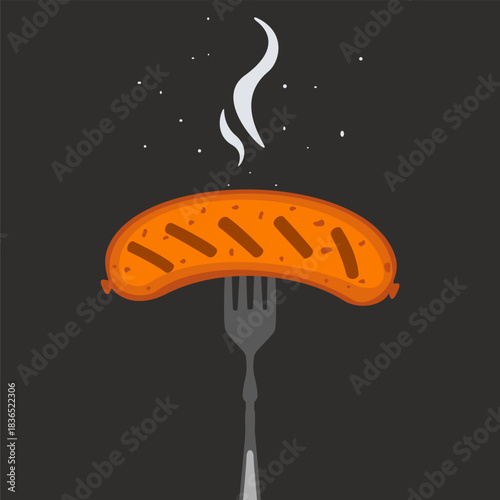 Grilled Sausage on Fork Flat Vector Illustration. Delicious grilled sausage on a fork with steam. Flat design vector illustration of hot BBQ meat snack on a dark background. Perfect for food menus.