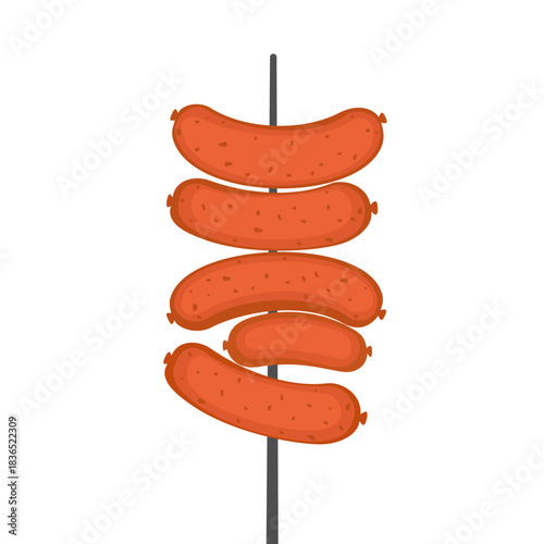 Grilled Sausages on Skewer Stick Vector Illustration.Vector illustration of grilled sausages on a skewer. Flat design style BBQ meat snack isolated on white background. Ideal for street food concepts.