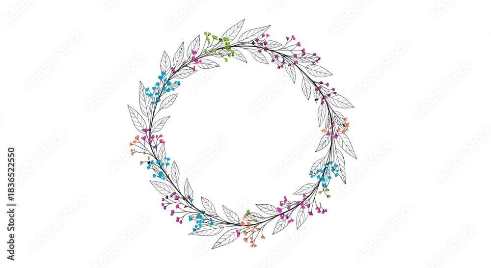 Fototapeta premium Delicate and artistic circular wreath made of finely sketched black and white leaves, accented with small, colorful watercolor-style berries for a modern look.