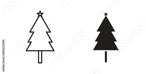 Tree christmas icon with line and silhouette versions.