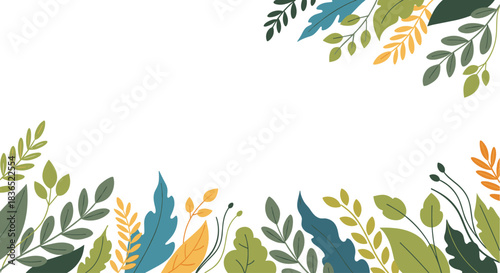 Beautiful nature-themed background frame with colorful leaves and branches arranged along the top and bottom edges, leaving ample copy space in the center.