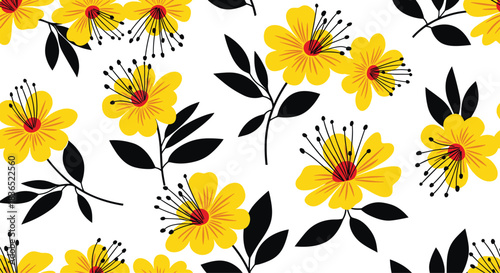 Bright and cheerful seamless floral pattern featuring vibrant yellow flowers with prominent stamens and dark contrasting leaves on a white background.
