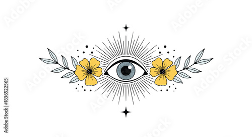 Esoteric illustration of the All-Seeing Eye radiating light, elegantly framed by yellow flowers, leafy branches, and stars for a mystical, boho vibe.