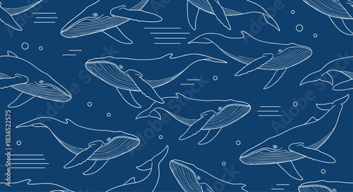 Elegant seamless marine pattern of beautifully detailed, white outline humpback whales swimming in various poses against a deep blue ocean background.
