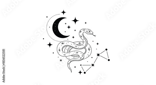 Celestial illustration of a coiled snake with a crescent moon, stars, and the Libra constellation, rendered in a beautiful black and white line art style.
