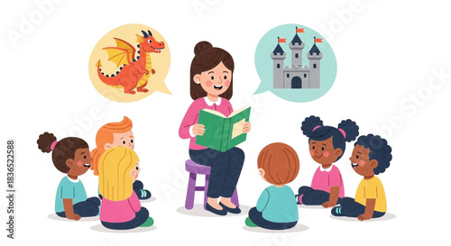 Teacher reading a story about a dragon and a castle to children