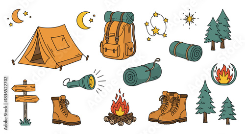 Cozy, hand-drawn collection of camping and hiking equipment doodles, including a tent, backpack, campfire, boots, and other outdoor adventure essentials.