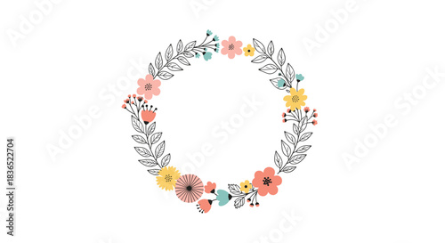 Beautiful hand-drawn floral wreath combining colorful flowers and black and white sketched leaves and branches, creating a unique and artistic circular frame.
