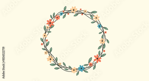 Beautifully hand-drawn circular floral wreath made of intertwined vines, colorful simple flowers, and green leaves set against a soft beige background.