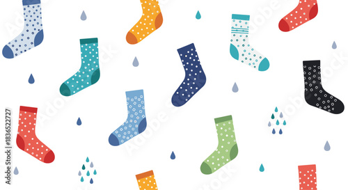Playful and colorful seamless pattern of various socks with different patterns like polka dots and squares, mixed with little raindrops on a white background.