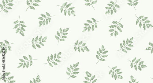 Minimalist and calming seamless pattern of scattered light green fern leaves on a soft pastel background, creating a gentle and natural botanical texture.