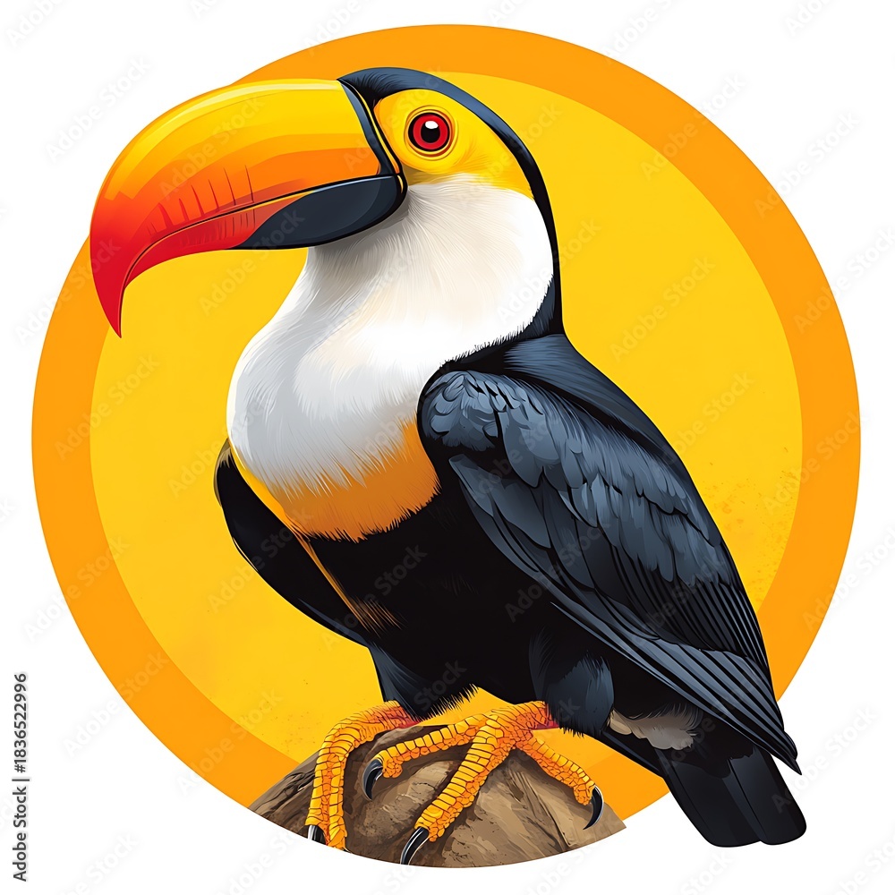 Obraz premium Full body illustration of a toucan perched on a branch with a yellow photo background bird
