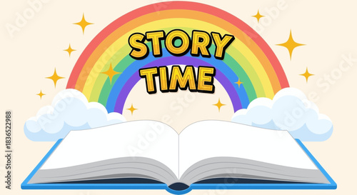 Open book with rainbow and stars illustration for story time