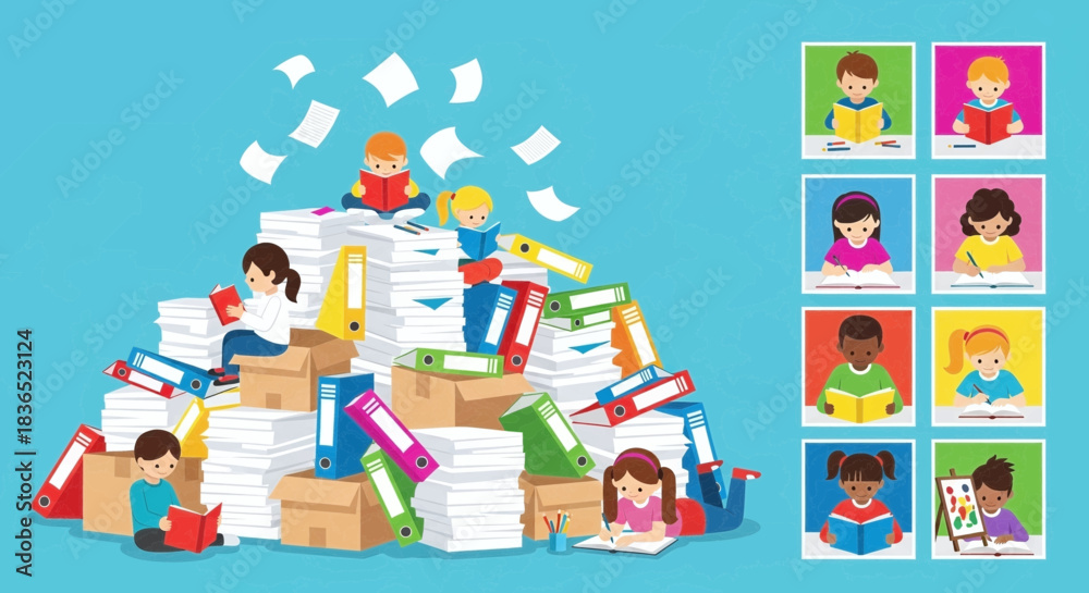 Obraz premium Children studying amidst a large pile of paperwork and files