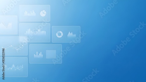 Blue digital background showcasing data visualization. Translucent charts and graphs represent business intelligence, information analysis, and technological insights