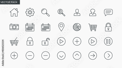 Essential user interface icons for modern website design and mobile app development projects include navigation, search, e-commerce, and media controls