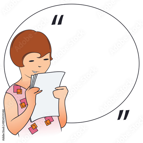 Happy girl reading book aloud.