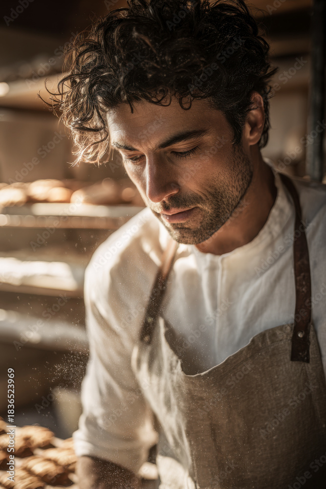 Obraz premium Baker with apron working hard in a bakery, preparing freshly baked goods.