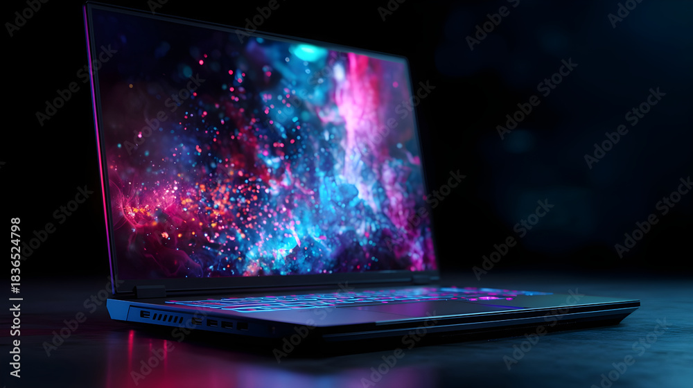 Obraz premium Gaming laptop screen displaying vibrant abstract nebula