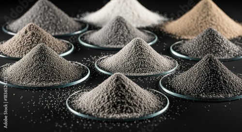 Collection of metal powders in various particle sizes used as feedstock in powderbed additive manufacturing of cryogenic fuel valves.