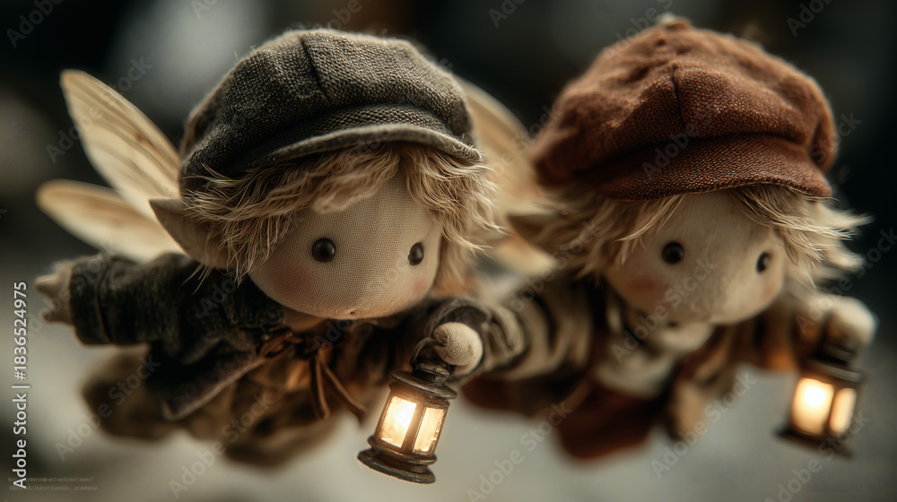 Fototapeta premium Cute Little Forest Elves with Lanterns in a Magical Night Scene