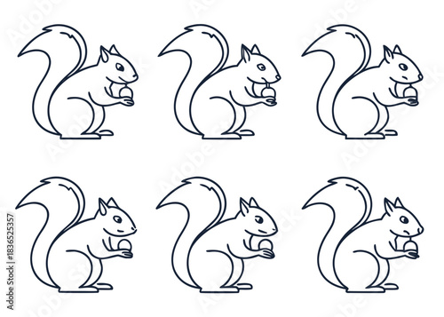 Six cute cartoon squirrels holding acorns in a row
