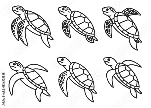 Six cute cartoon sea turtles swimming on a white background