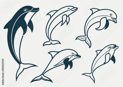 Collection of stylized dolphins in various poses