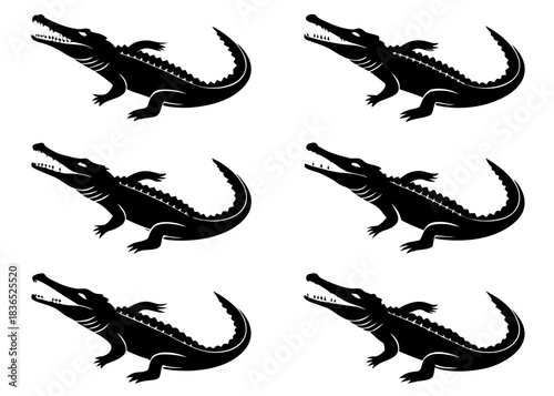 Six black alligator silhouettes on white background