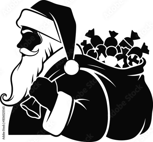 Santa claus carrying full sack of gifts on shoulder