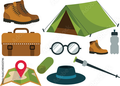 Camping and hiking gear vector set featuring tent, boots, backpack, map, hat, water bottle, trekking pole, and outdoor essentials