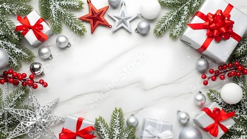 Festive holiday decorations with gifts, ornaments, and greenery create a delightful scene. Presents with red ribbon bows are beautifully arranged with stars and silver baubles 