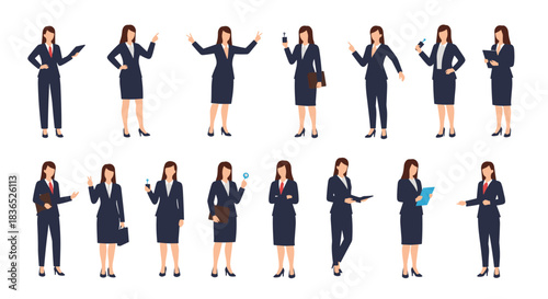 Group of diverse businesswomen in dark suits and heels posing in various professional stances.